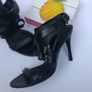 VERA WANG LAVENDER Black/Glitter Leather Heel Sandals 8.5 Made in Italy